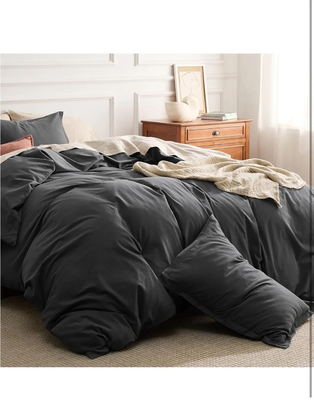 NEW Bedsure 100% Washed Cotton Duvet Cover Set. Linen Like. Charcoal. King
